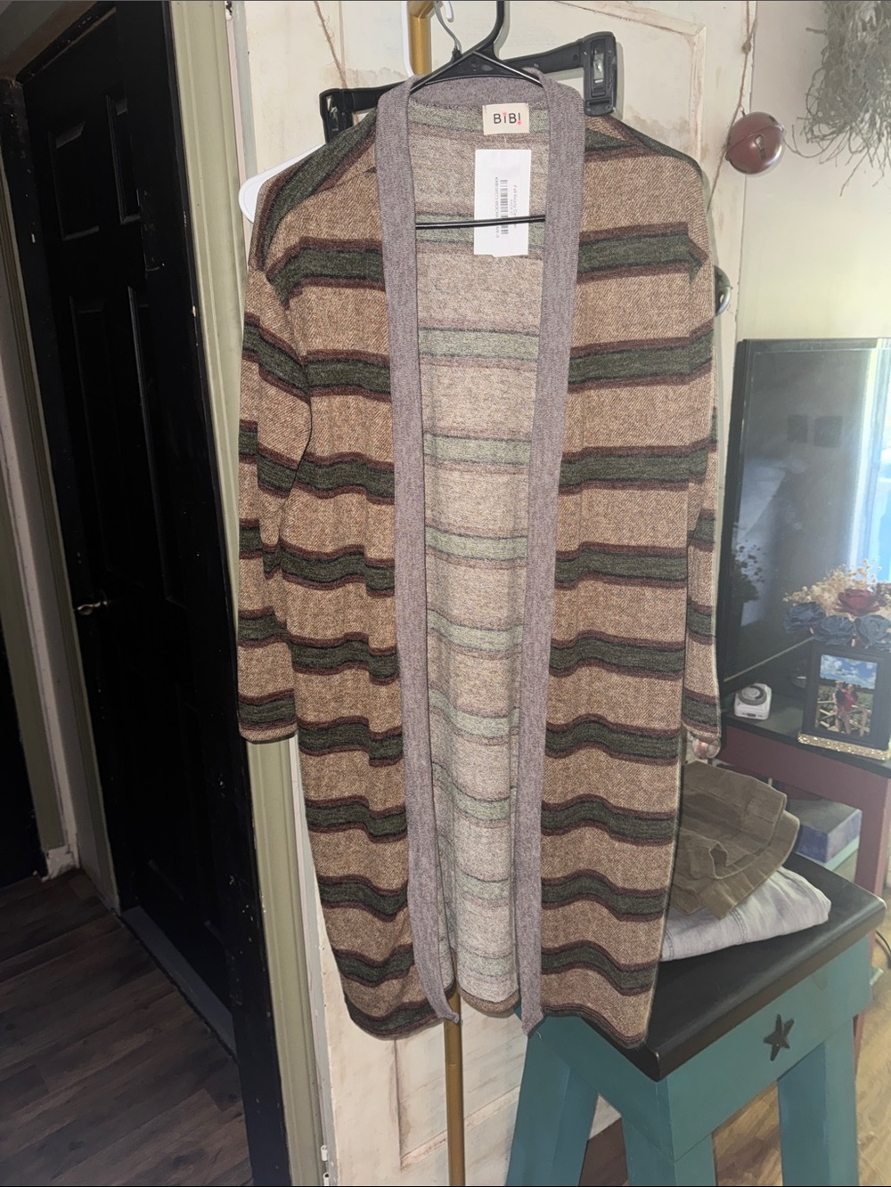 BiBi Striped Open-Front Cardigan in Brown and Green